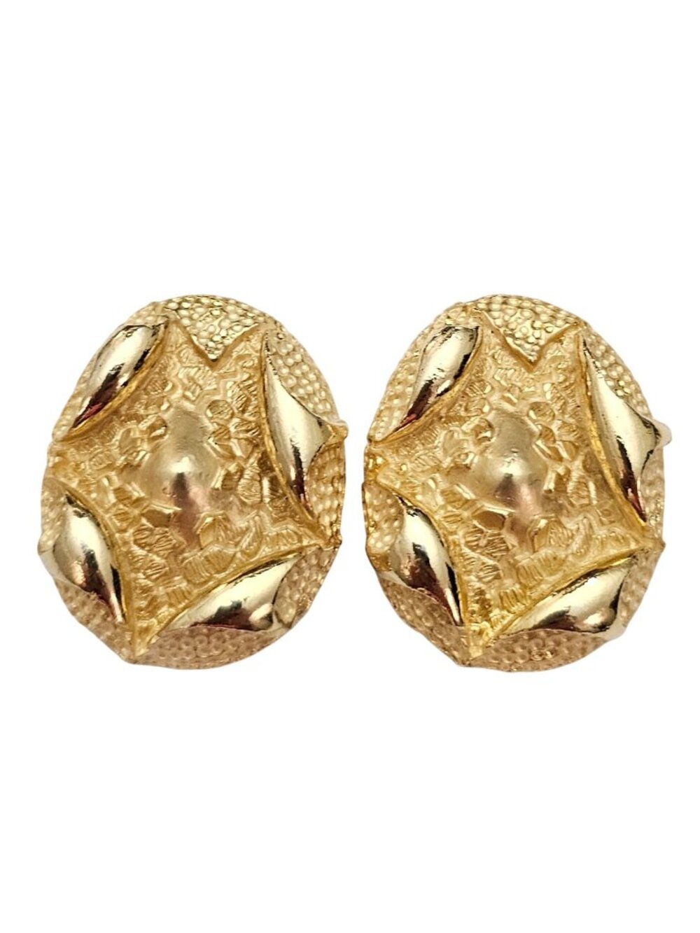 Gold Tone Oval Modernist Egg Clip On Texture Chunky Earrings J744